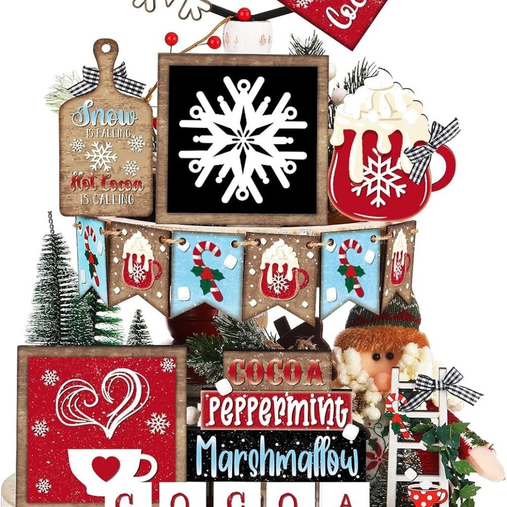 14 Pcs Christmas Tiered Tray Decor Set Christmas Wooden Sign Decor Rustic Farmho